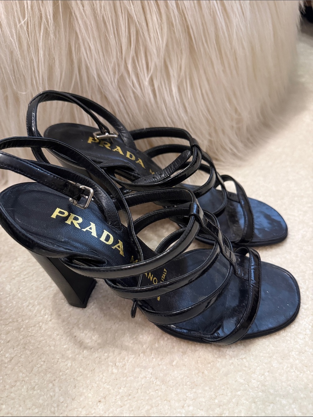 Prada Black Patent Strappy High-Heel Sandals
